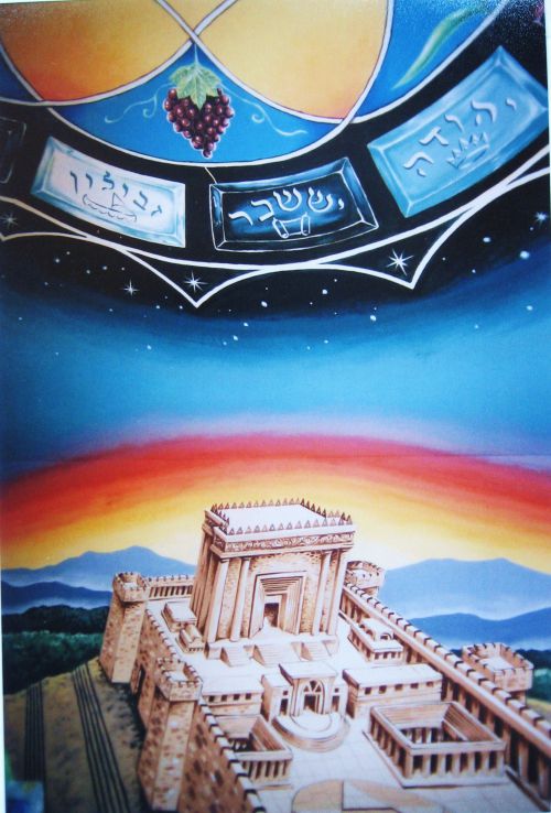 פרט מתוך הציור השלם. צוייר ב-2005, בבית כנסת במעלות. 2,000 ס"מ על 350 ס"מ.